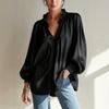Women's Satin Blouse with Ruffle Trim V-Neck Loose Fit Puff Sleeves for Casual Wear