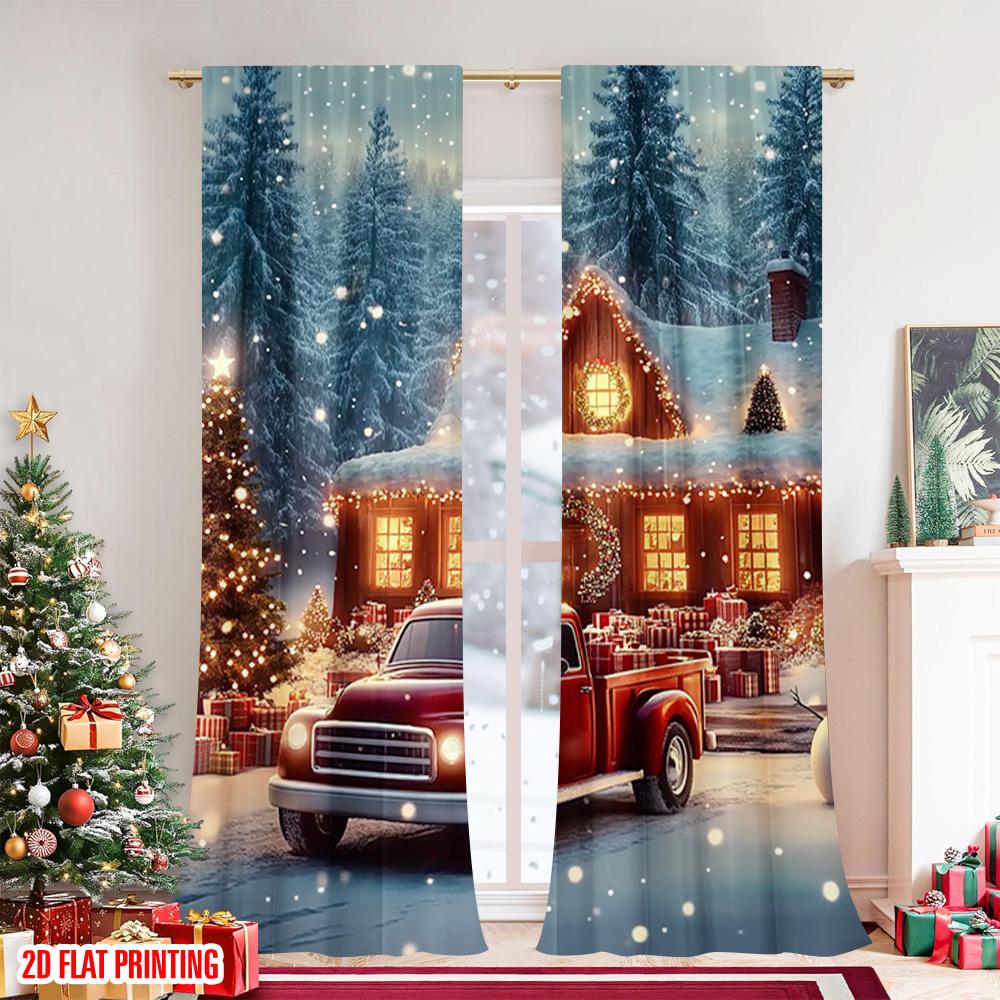 2pcs 2D flat printing Merry Christmas Scene Curtains Christmas Winter Lodge Versatile 100% Polyester Without Electricity Spring