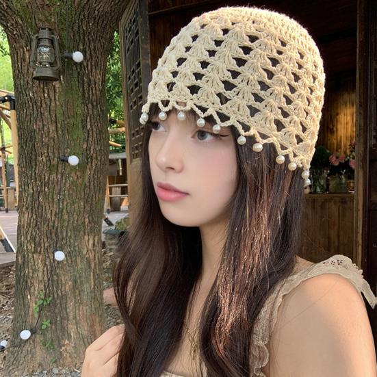 Knitting Hat Bohemian Style Hollow Design Women Hat with Faux Pearls Pendant Lightweight Elastic Hat Headwear