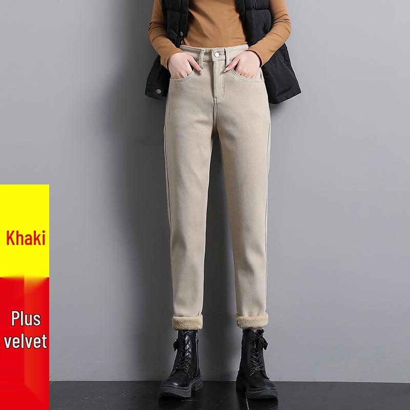 Coffee Brown Women's High-Waisted Velvet-Lined Loose Jeans - Winter 2025 Harajuku Style Trousers