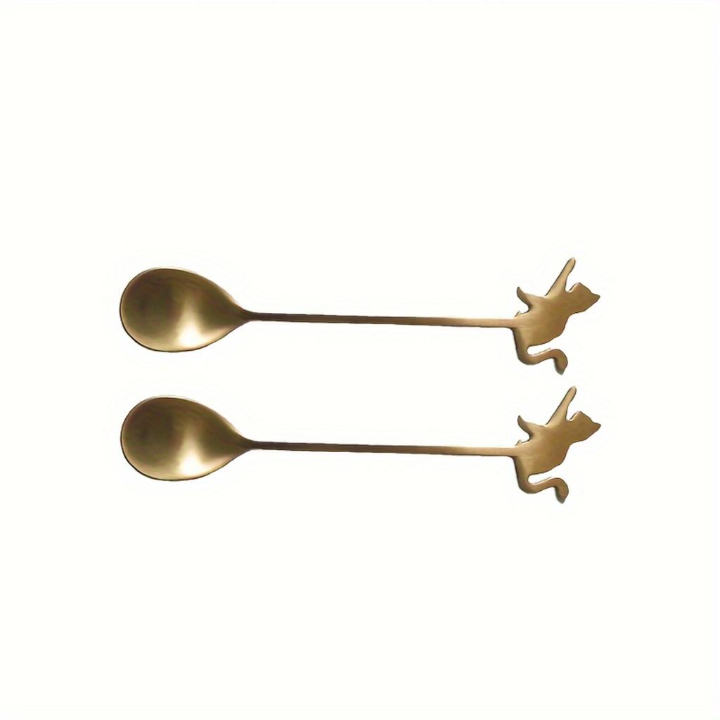 Set de 2 piese linguriță și furculiță de desert din oțel inoxidabil 304 cu design de pisică drăguță, mâner scurt, finisaj satinat, linguriță de ceai.