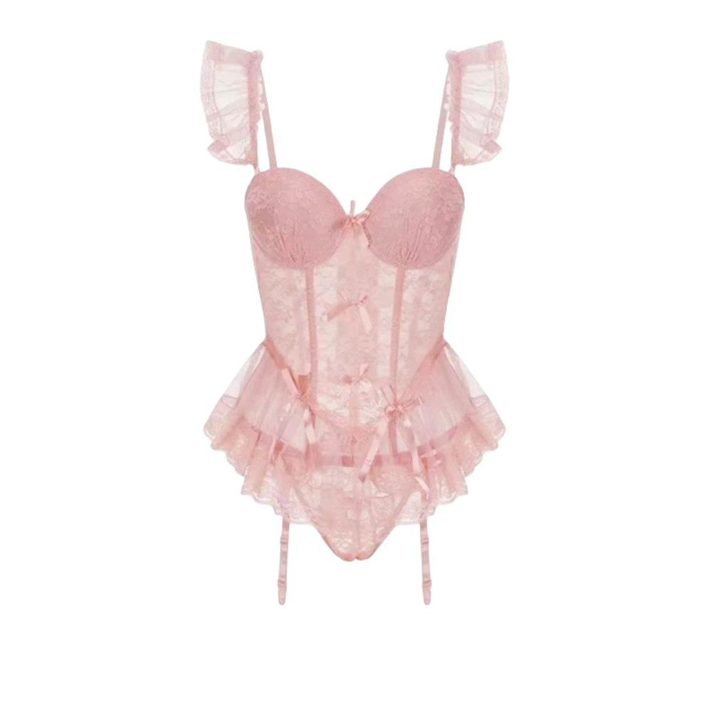 Flounce Lace Lingerie Women Bowknot See Through Night Dress Sweet Lace Sling Nightdress Sleep