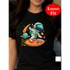 Space Exploration, Astronaut Print, Round Neck Short Sleeve T-Shirt, Casual Top for Spring and Summer, Plus Size Women'S Clothing
