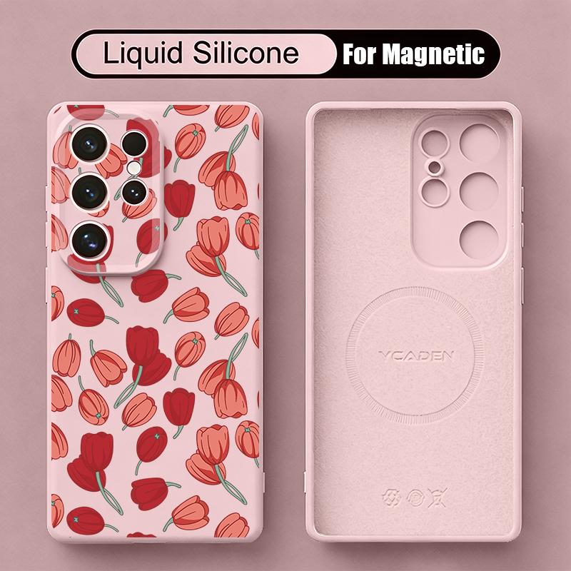 INS Floral Pattern Case For Samsung Galaxy S26 S25 Ultra S24 Plus S23 S22 Ultra Magnetic For Magsafe Liquid Silicone Cover