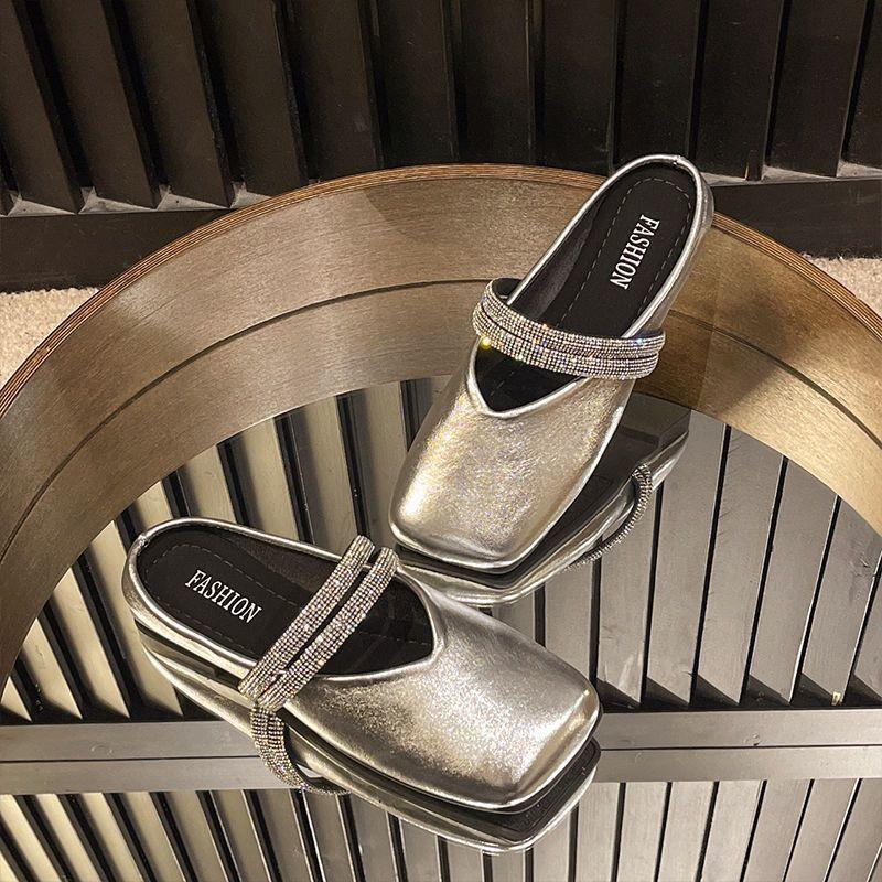Square Toe Flat Sandals Rhinestone Woman Slippers High Quality Easy Wears Slides 2025 Luxury New Style Vip Mules Shoes for Women