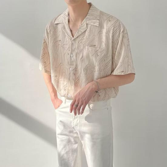 Men's Printed Short Sleeve Shirt Button Down Lapel Shirt with Pocket Summer Casual Beach Top for Vacation Travel