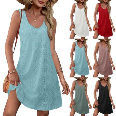 Womens Summer Dresses Loose V Neck Sleeveless Sundresses Swimsuit Coverup with Pockets Eyelet