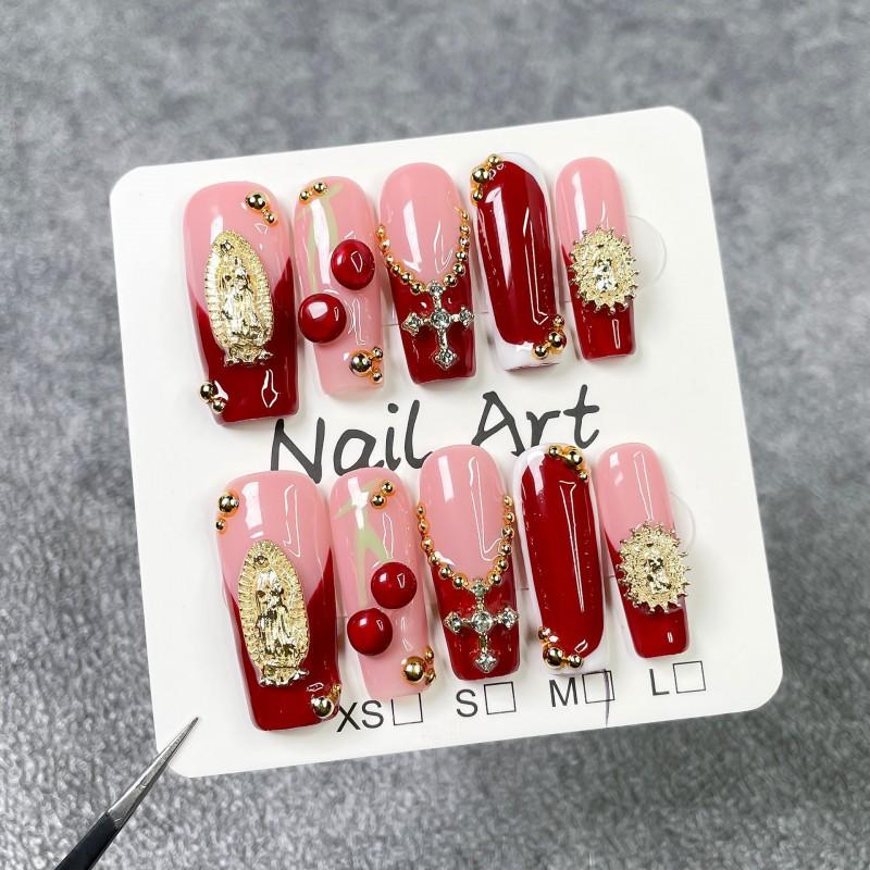 French Style 3D Embossed Nail Tips With Cross Motif Wine Red Design Full Cover Press-On Nails Women Small