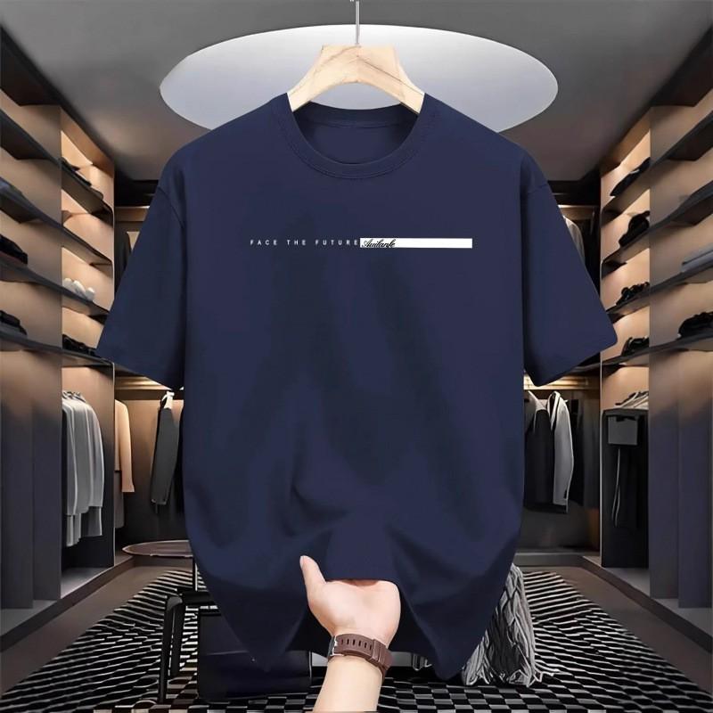 Mens Casual Short Sleeve Round Neck T-Shirt With Letter Print Loose Fit Cotton Tee