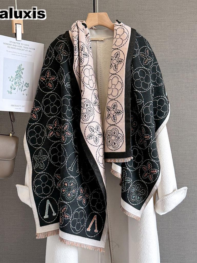 Autumn Winter New Floral Letter Knit Scarf for Women, Versatile Warm Shawl