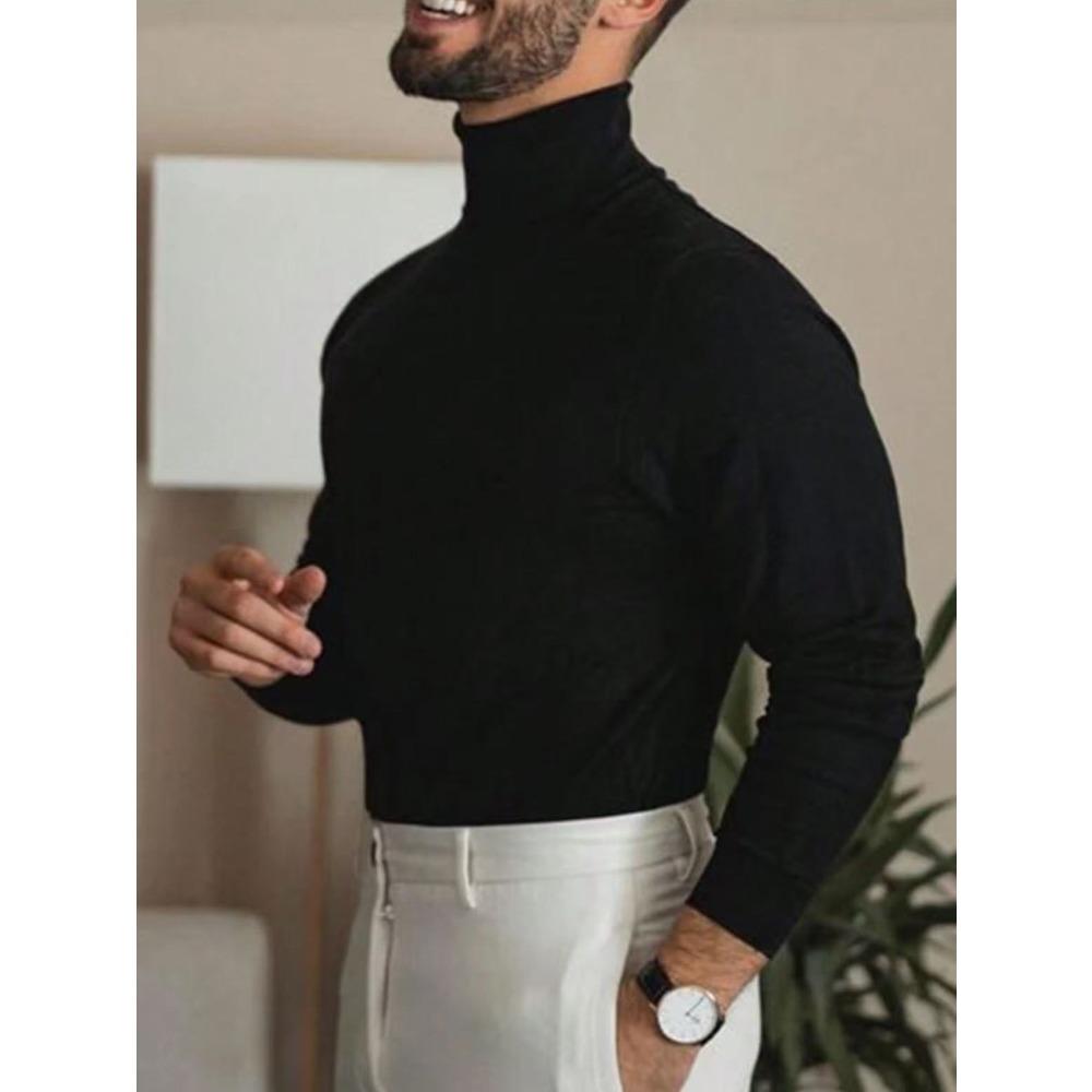 European and American men s solid color sweater turtleneck autumn and winter bottoming shirt premium long-sleeved knitted sweater M чёрный
