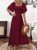 New Arrival 2025: Solid Color Square Neck Slimming Dress with Flutter Sleeves