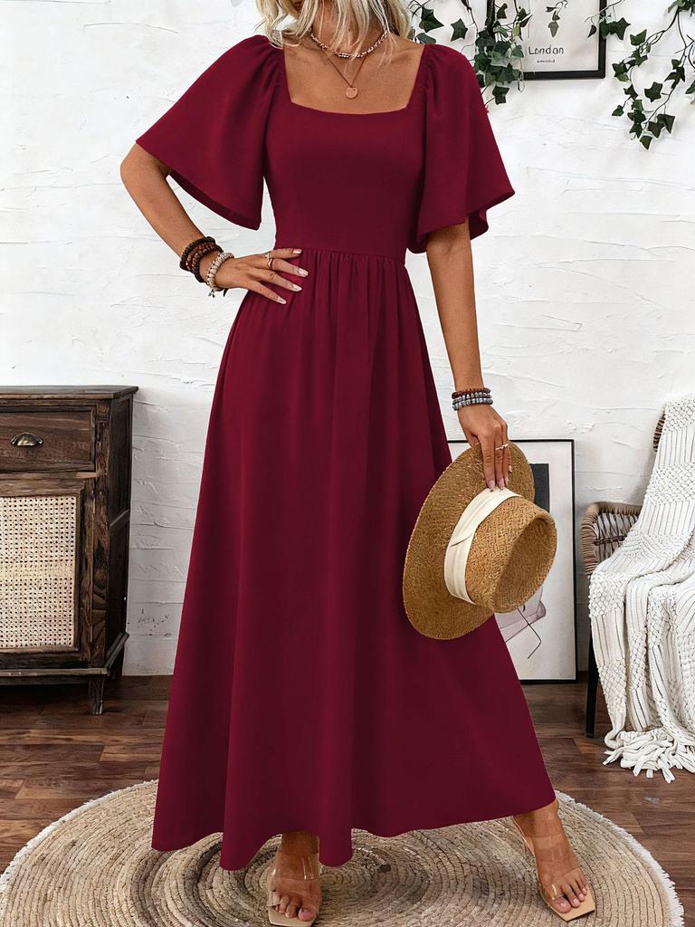New Arrival 2025: Solid Color Square Neck Slimming Dress with Flutter Sleeves