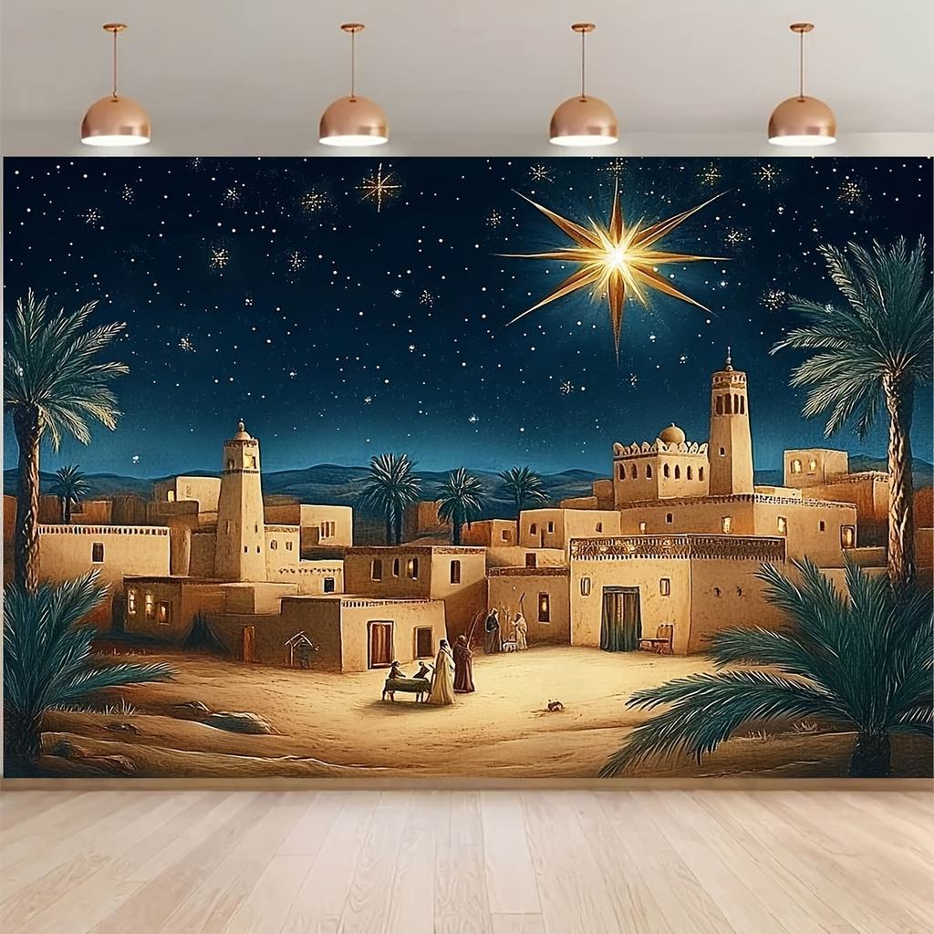 1 Bethlehem Star Christmas Background Banner - Peaceful Night Sky and Palm Tree Design, Multiple Sizes To Choose from