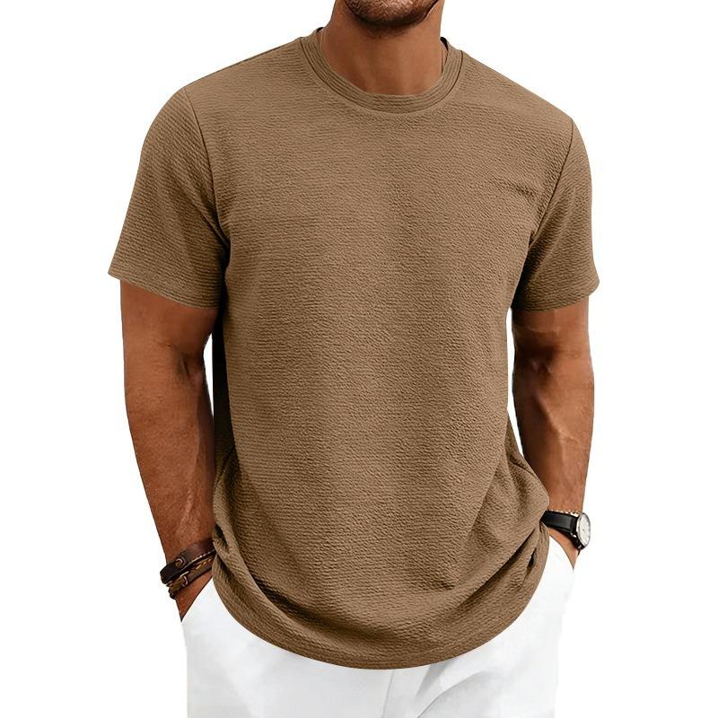 Men's Crew Neck Short Sleeve Knit T Shirt Textured Jacquard Casual Top.
