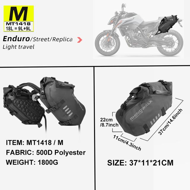 Rhinowalk 2 Pcs Motorcycle Saddle Side Pannier Bag 18L/28L/48L Waterproof Universal Motorbike Riding Luggage Storage Travel Bag Black-18L(9L-2 pcs)
