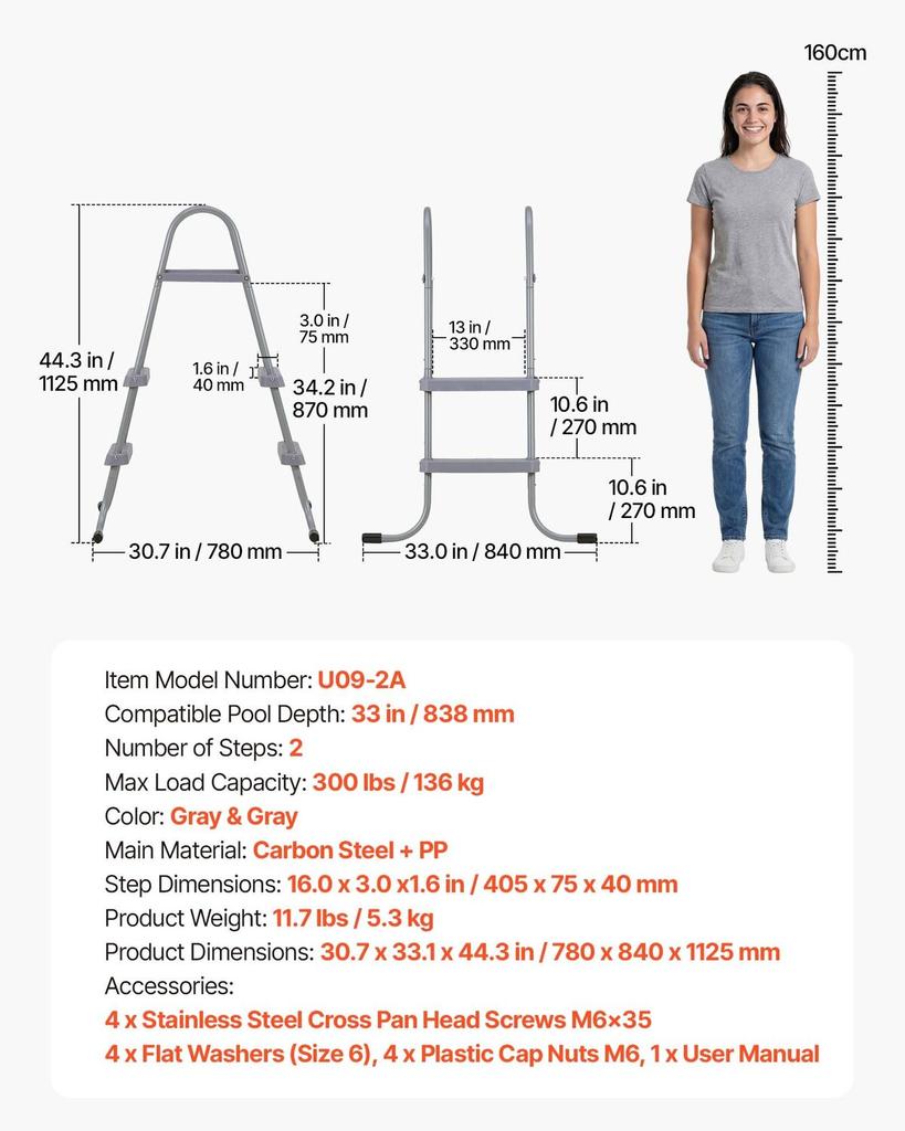 Above Ground Pool Ladder, 2-Step Steel A-Frame Swimming Pool Stairs for 83.8 Cm High Wall, 136 Kg Capacity Entry/Exit Steps with Secure Non-Slip