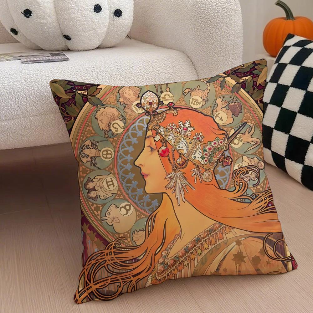 A-Alphonse Maria M-Mucha Cushion Cover Linen Pillow Case Soft Breathable Protective Couch Room Decoration