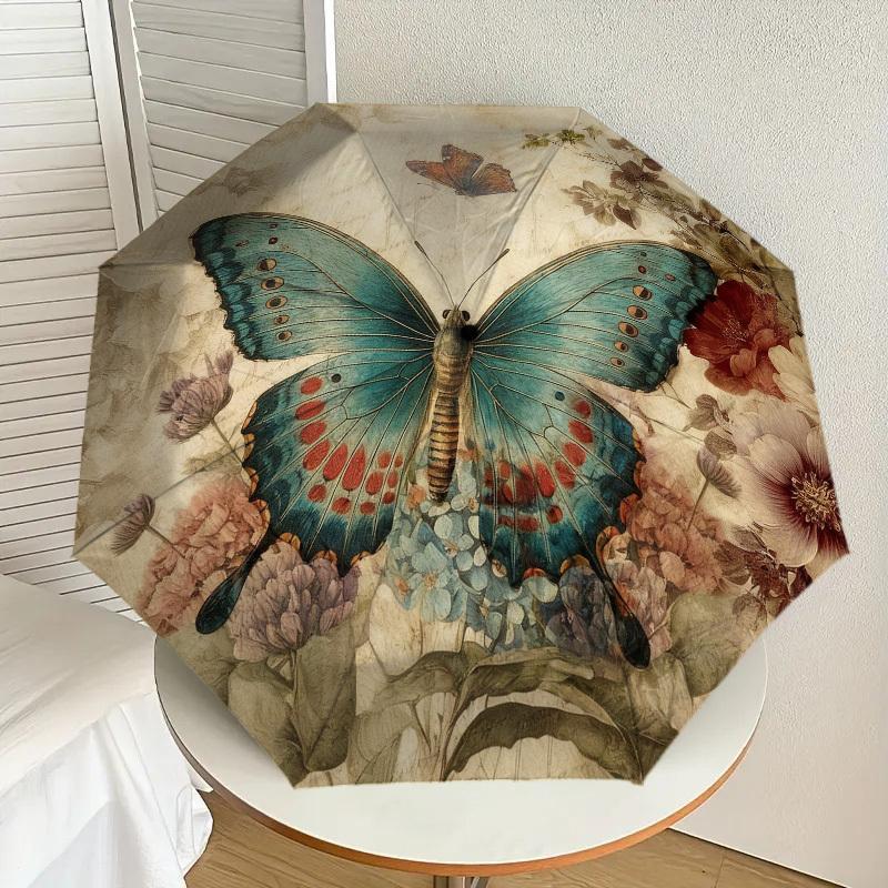 1pc Butterfly Flowers Automatic Folding Umbrella, Heavy Duty 8 Rib Iron Frame,  Suitable for Travel, Daily Use, Birthday, Decor Gift m0104088