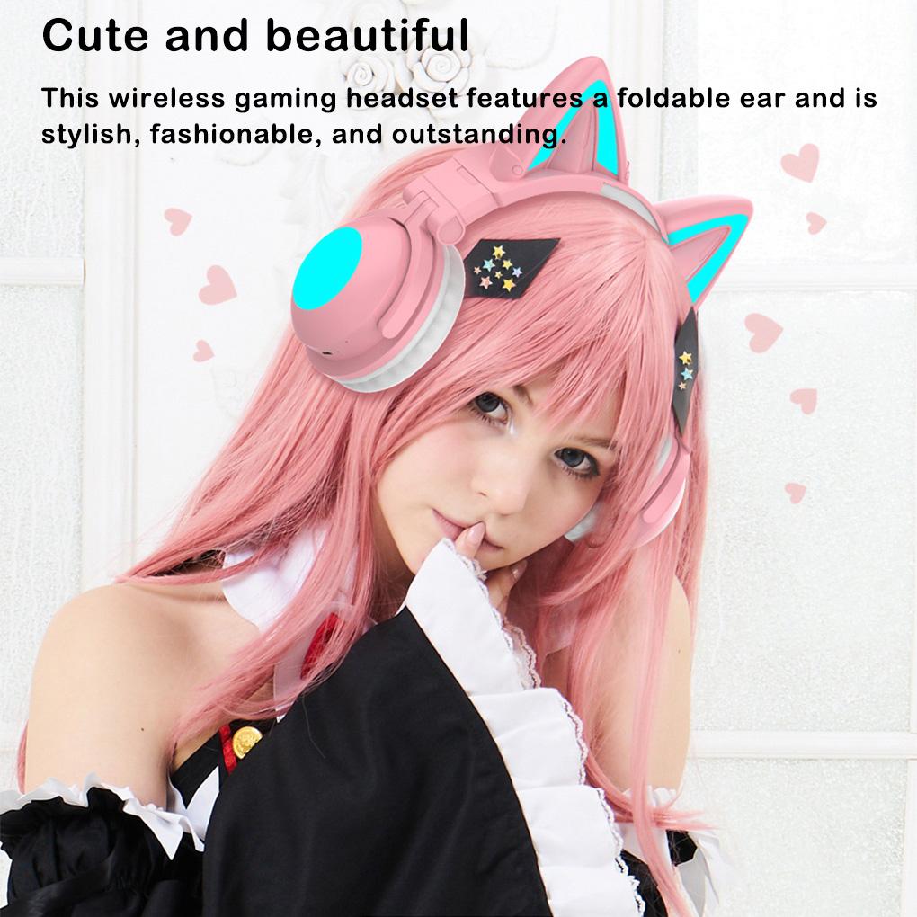 Adorable Cat Ear Wireless Earphone with Microphone Gaming Headphone Noise Cancelling Home Computer Laptop Accessory