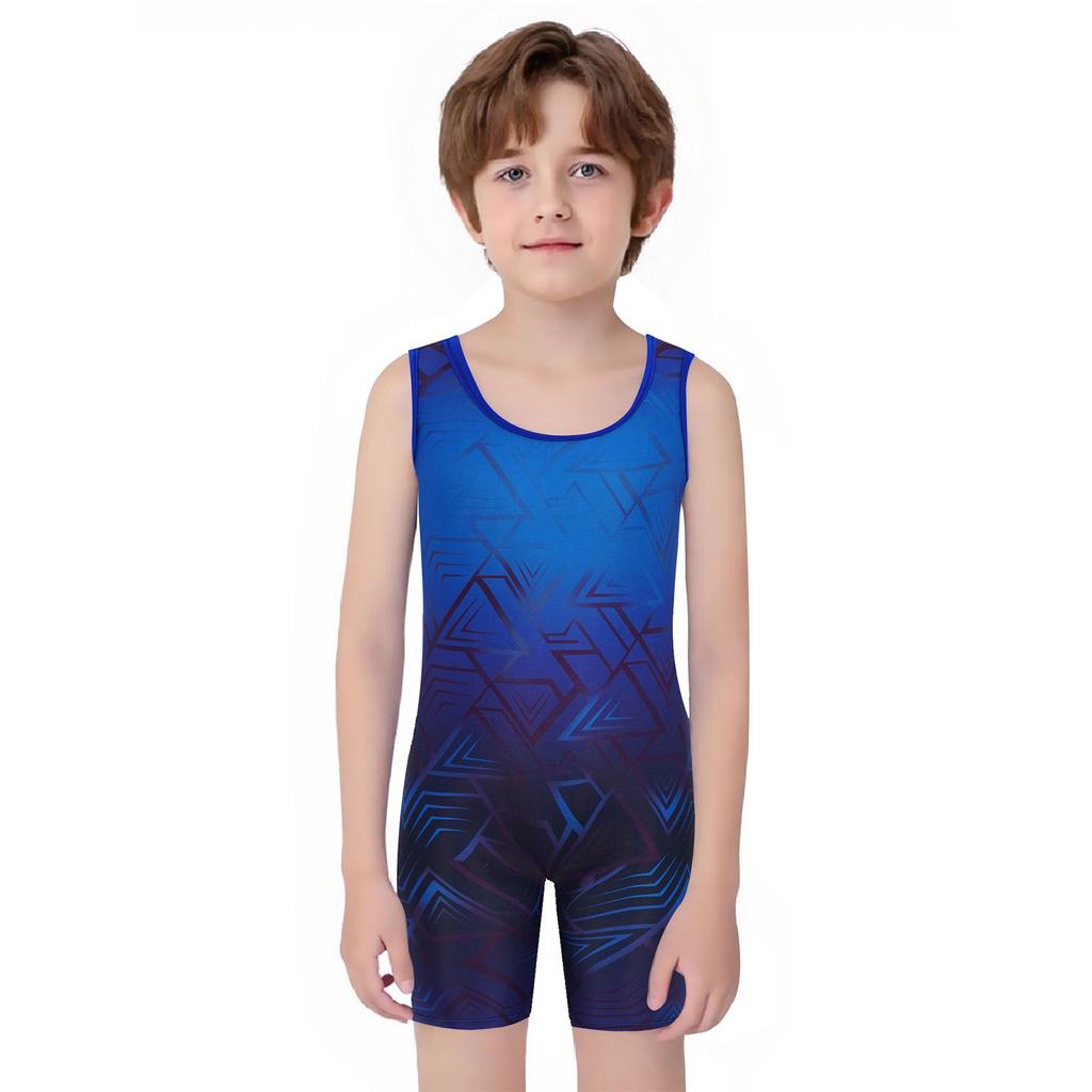Boys Cycling Workout Bodysuit: U Neck Sleeveless Geometric Print Singlet for Wrestling Exercise Training