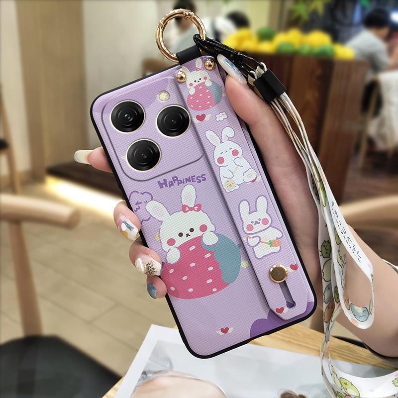 Wrist Strap Kickstand Phone Case For Tecno Spark20 Pro/KJ6 Durable Cute Silicone Anti-dust Back Cover Lanyard Soft case