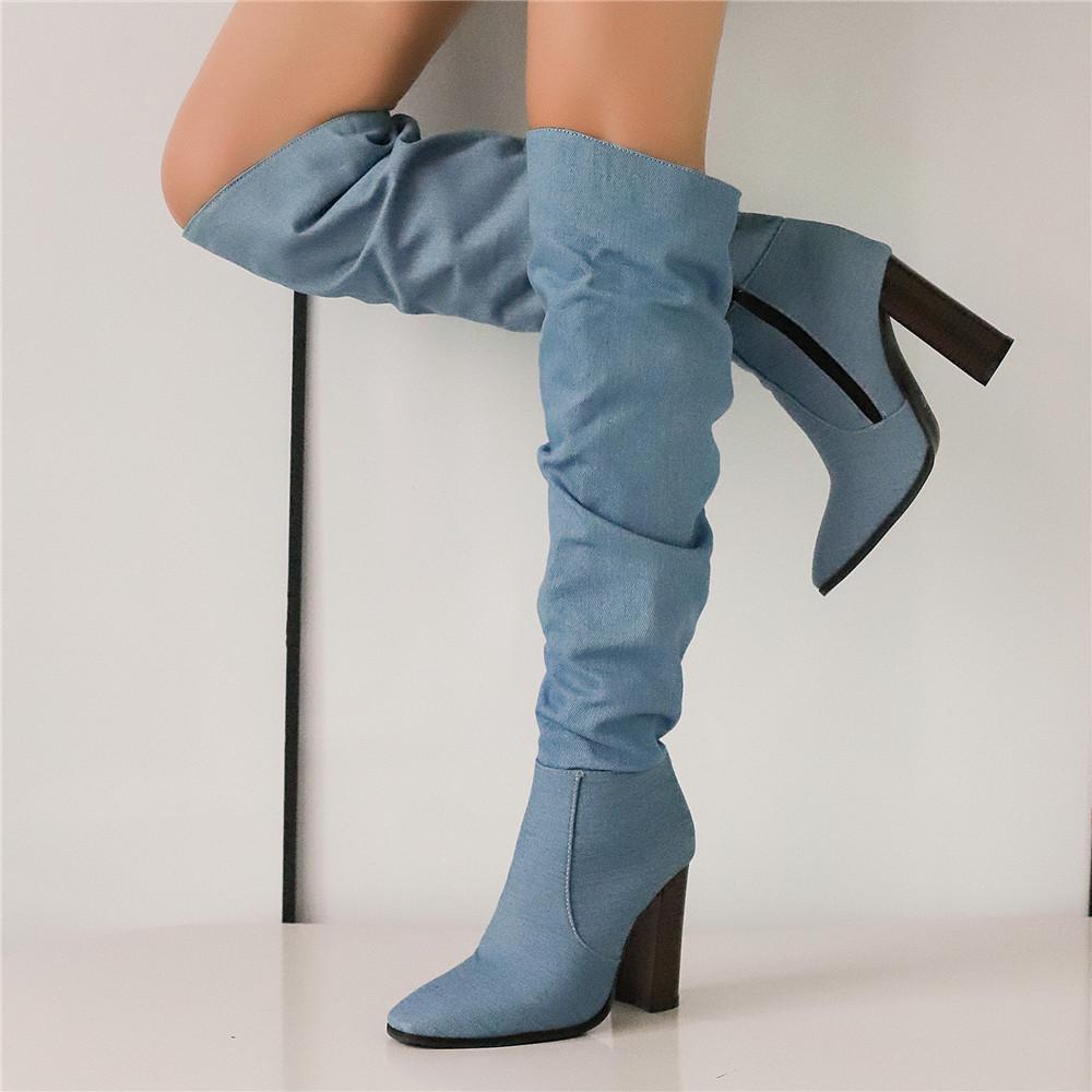 Fashion Women Over The Knee Boots Pointed Toe 10cm Block Heels Knee High Boots Pleated Boots Women Shoes 2025 New Zapatos De Mujer