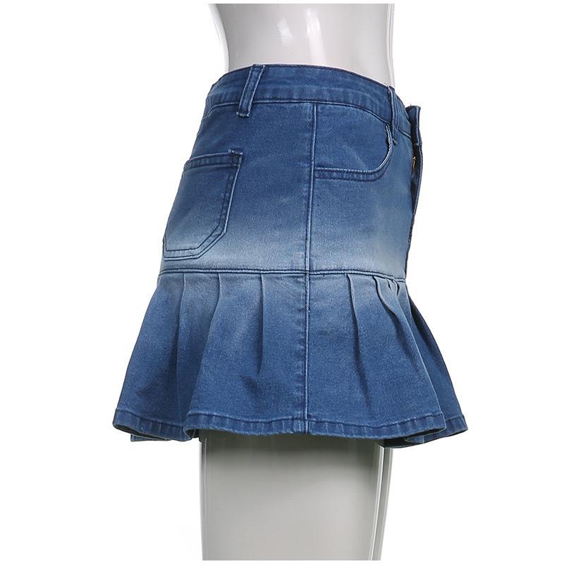 Fashion Denim Pleated Skirt Women High Waist Button Zipper Pocket Ruffle A-line Sexy Mini Skirts Female 2025 Spring Summer Lady Skirt
