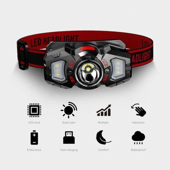 Rechargeable Headlamp Super Bright LED Head Lamp Flashlight with White Red Light Motion Sensor Head Light for Outdoor Camping Fishing Running