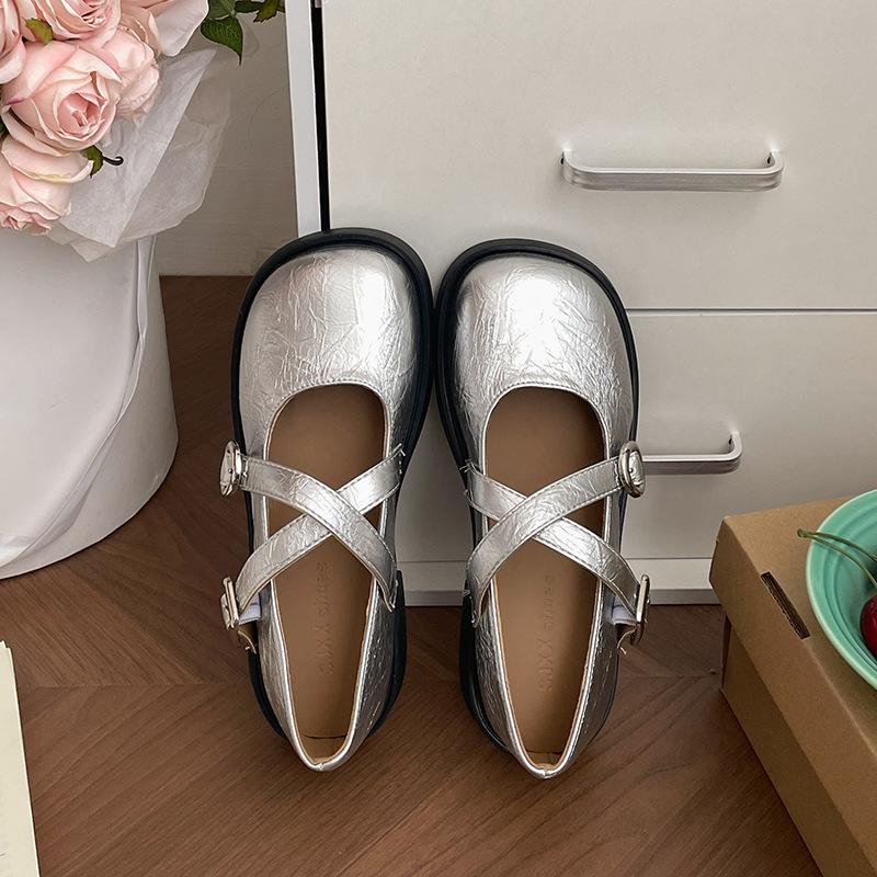 Retro Silver French Flat Bottom Light Mouth Exposed Instep Single Shoes Women's Summer 2025 New with Skirt Versatile Mary Jane Shoes