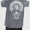Europäische Größe Herren Schwer gewaschenes T-Shirt - Retro Rosa Street Style Lockere Passform, Mit Rosenkranzmuster auf dem Rücken bedruckt
