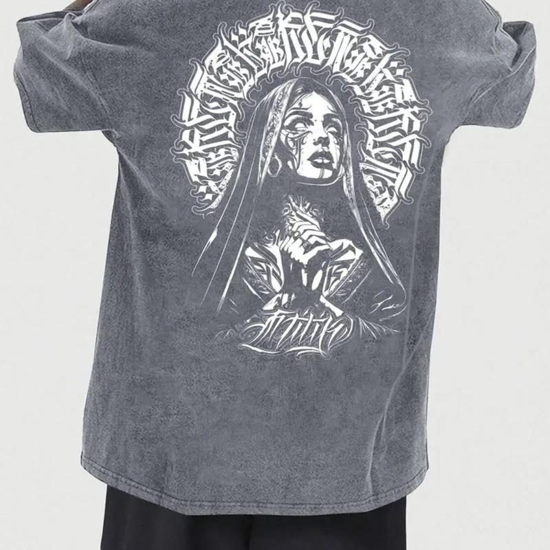

European Size Men S Heavy Washed T-Shirt - Retro Pink Street Style Loose Version, Printed with Rosary Pattern on The Back S темно-серого