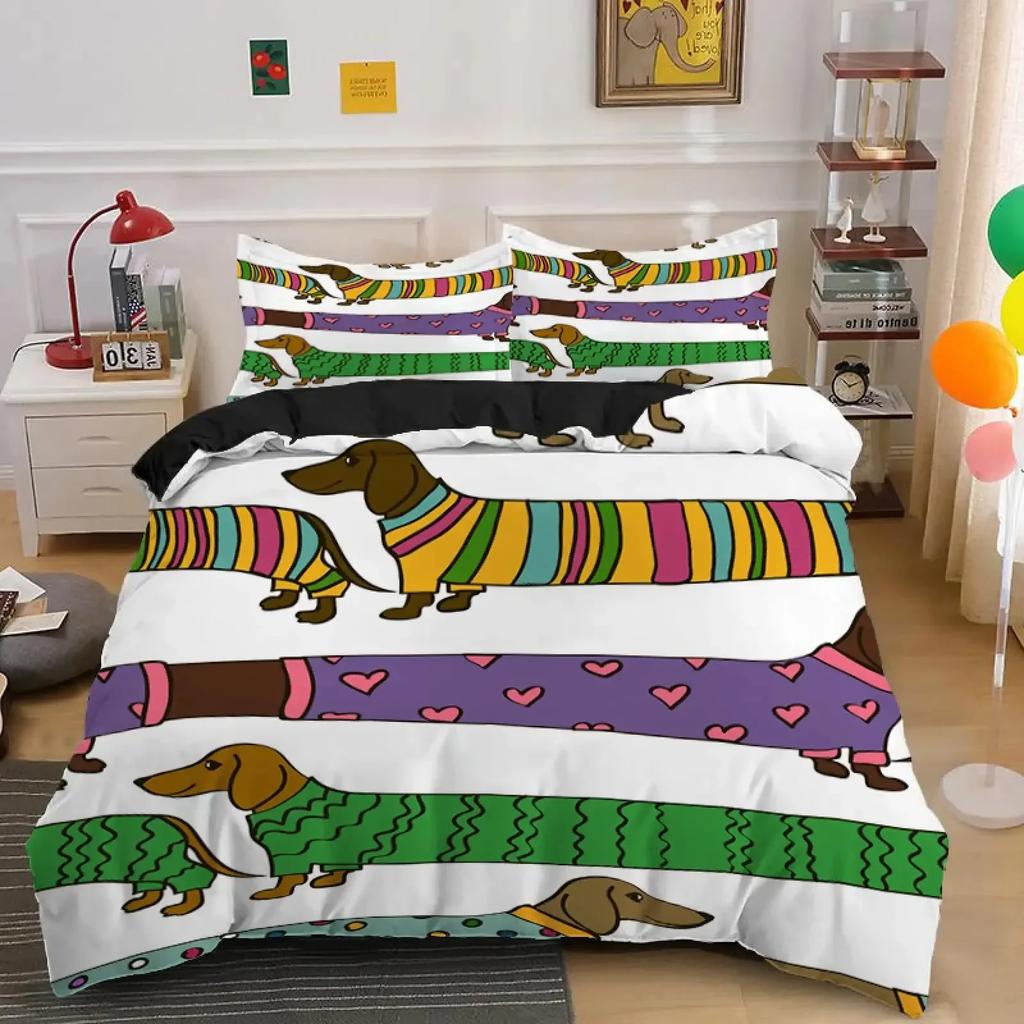 Cute Dachshund Sausage Dog Cartoon Puppy Animal 3D Duvet Cover Bedding Set Comforter Linen Pillowcases  Double Twin King Queen