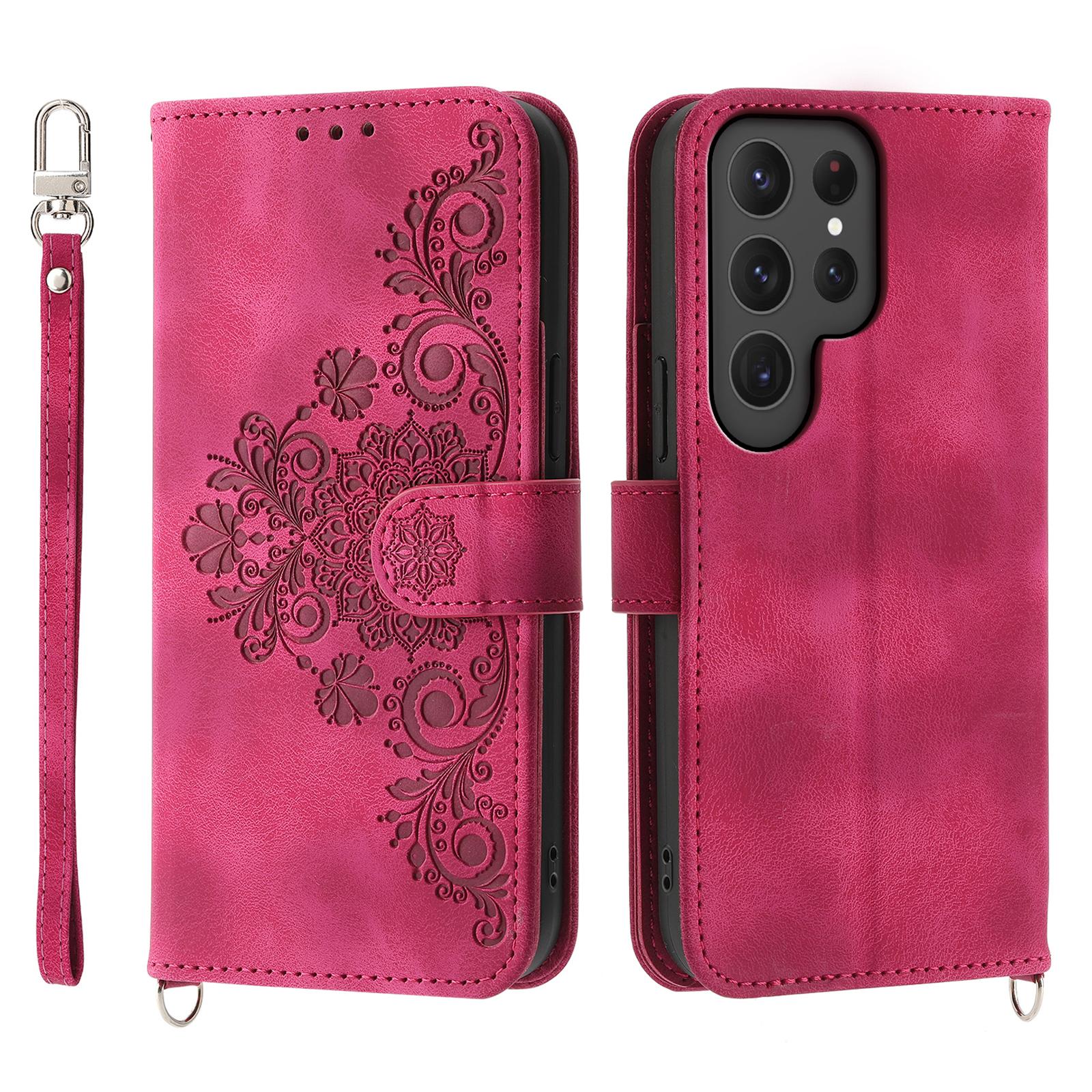 

For Samsung Galaxy S24 Ultra Case Skin-touch Wallet Stand Leather Cover with Straps Wine Red