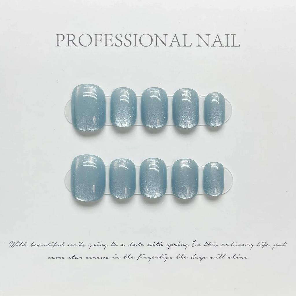 10 Pcs Purple Cat Eye Short Ballerina Press On Nails Handmade Full Cover Fake Nails Stick On Manicure Tips