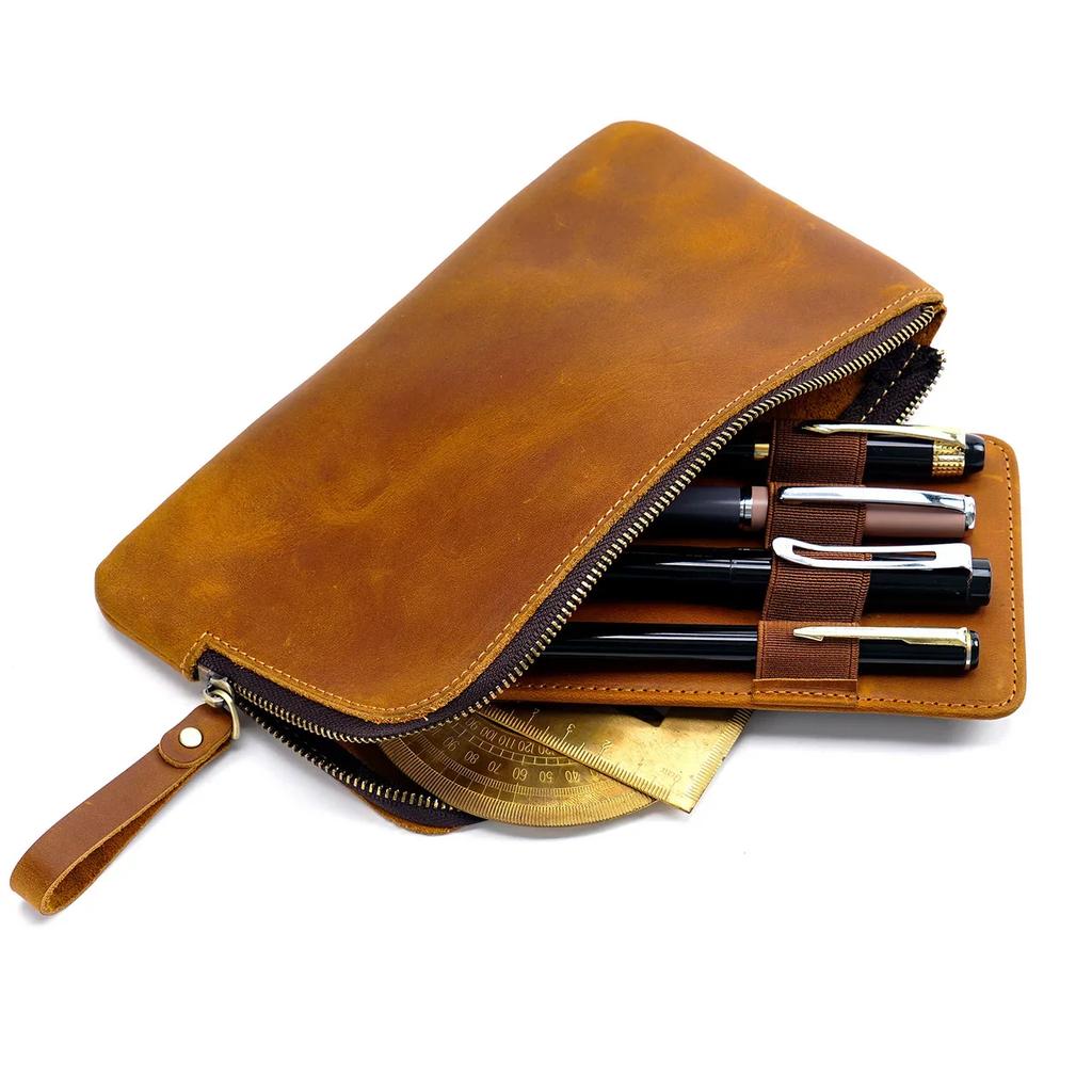 Leather Zipper Pen Case Leather For Men Women Holder Bag Pen Pouch Removable Pen Tray Organizer for School Student Stationery