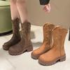 Fashion Embroidery V-Mouth Middle Calf Boots Autumn Chunky Heel Platform Women's Shoes Western Cowboy Western Cowboy Boots for Women