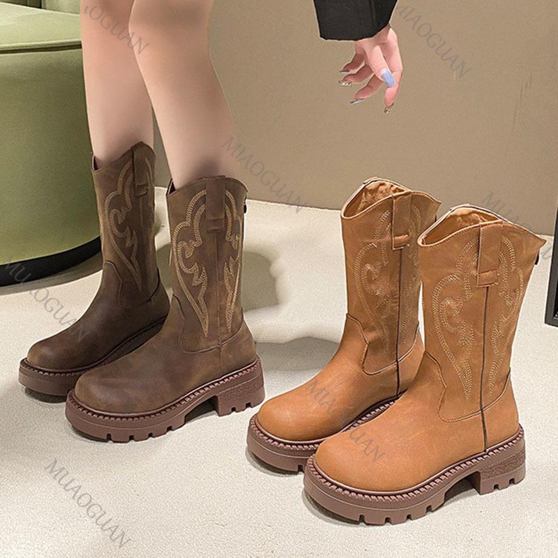 Fashion Embroidery V-Mouth Middle Calf Boots Autumn Chunky Heel Platform Women's Shoes Western Cowboy Western Cowboy Boots for Women