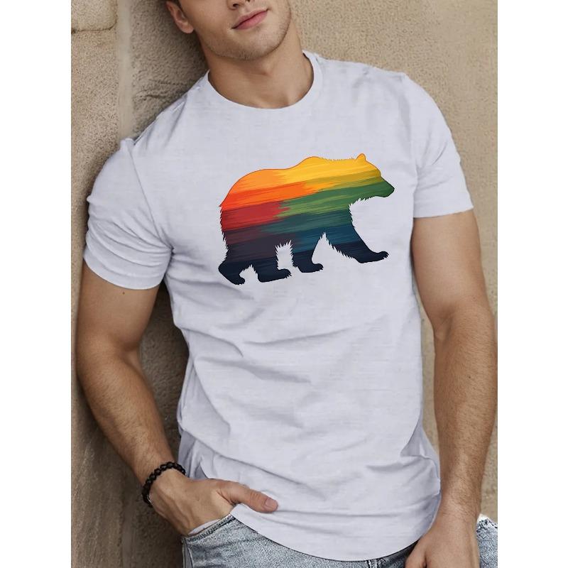 

Мужская футболка с силуэтом радужного медведя, европейский размер - Повседневная летняя, с коротким рукавом, круглым вырезом, черная с разноцветным градиентным дизайном S белый