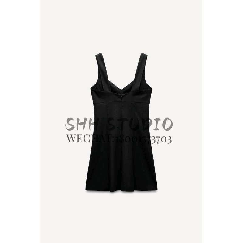 Spring New Arrival Linen Blend Strap Short Black Dress Women's Clothing Casual Elegant Dress 8651396