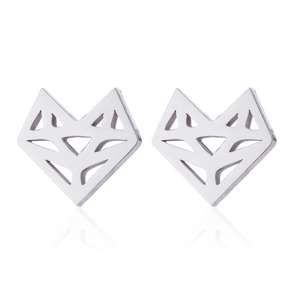 European and American Origami Fox Hollow Stud Earrings - Stainless Steel Animal Ear Cuff Fashion