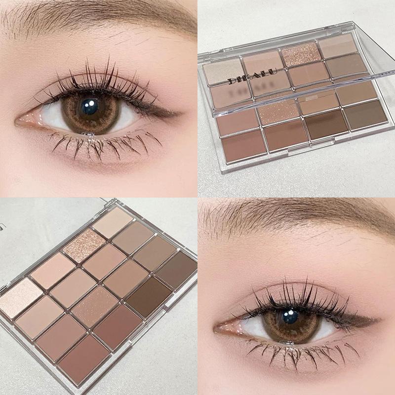 DIKALU 16-Color Eyeshadow Palette: Pearlescent & Matte Earth Tones in Gray, Pink, and Coconut Brown.