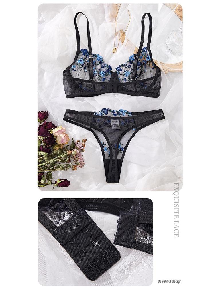 Flirtatious Blue Mesh Embroidered Lace Bra: Sexy, Breathable, Thin Style