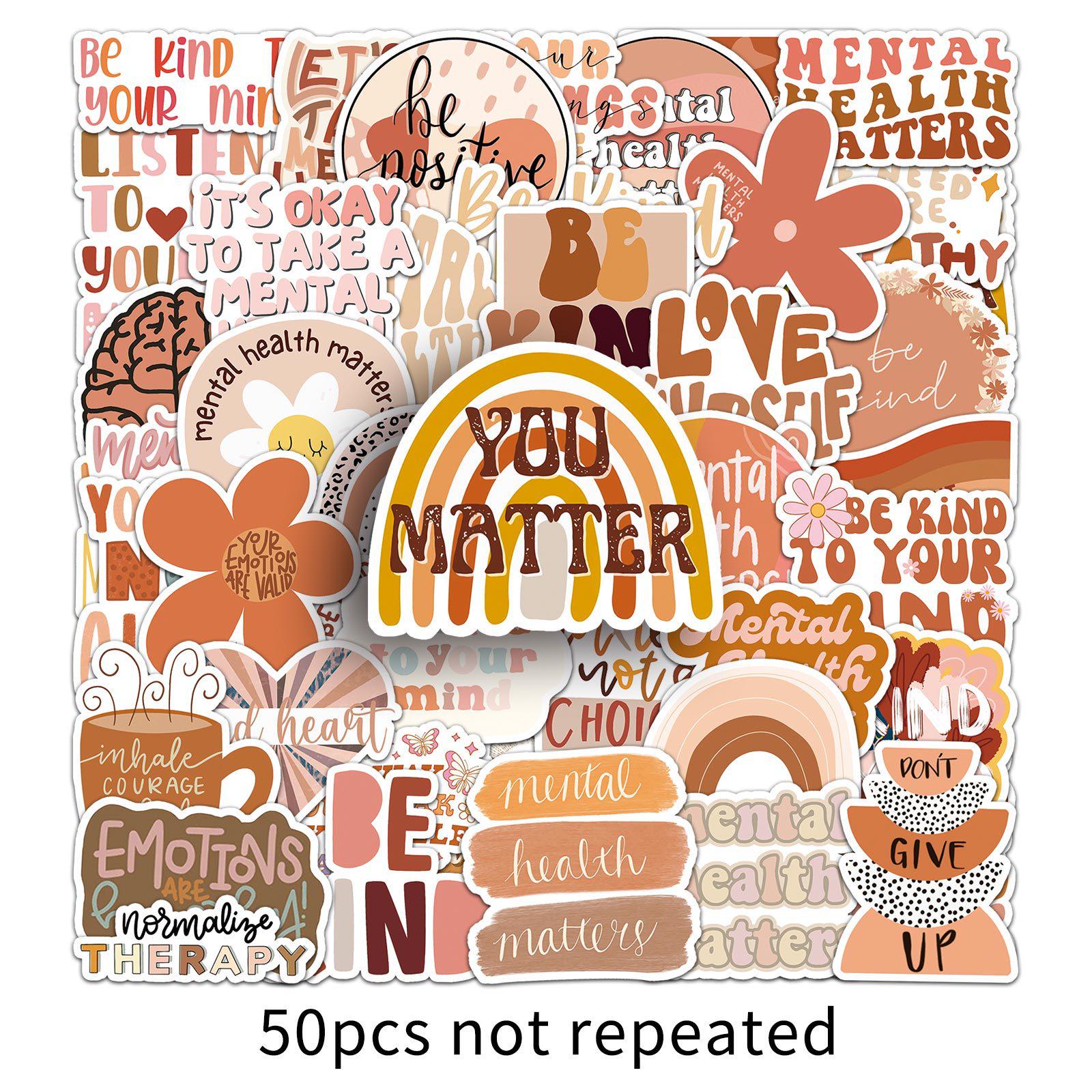 50 Bohemian Mental Health Stickers: Positive Energy, Motivational, Waterproof Decorative Journal Stickers