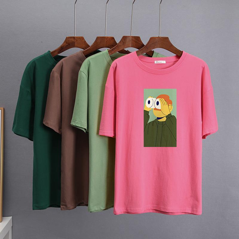 Hirsionsan Nya roliga tecknade T-shirts Kvinnor Kawaii Casual Oversized Tees Par Mjuk bomull O-hals Kvinnliga Grafiska Toppar