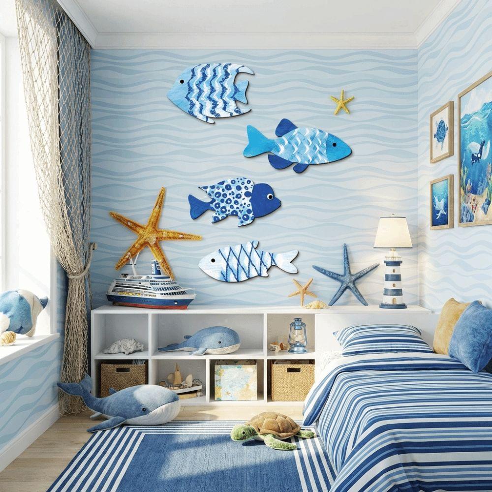 Drewniana ryba w stylu marynistycznym Dekoracja ścienna Motyw oceaniczny Marynistyczna sztuka ścienna Ryba wiszący dekor Sztuka do łazienki