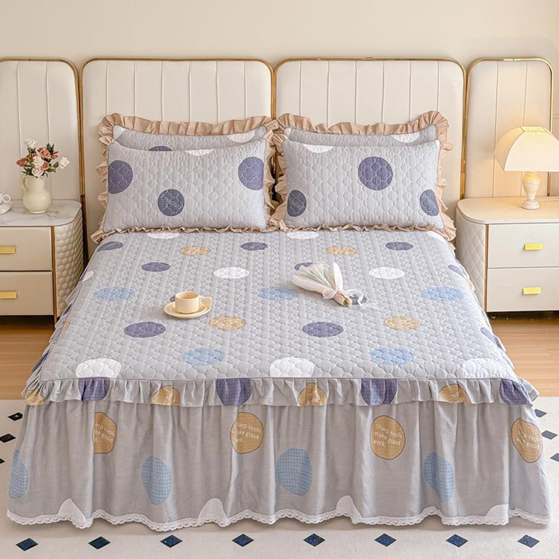 Thickened Pure Cotton Padded Bed Skirt Bedspread Cotton Padded Ruffle Edge Protection Non-slip Pillowcase Bedspread Cover