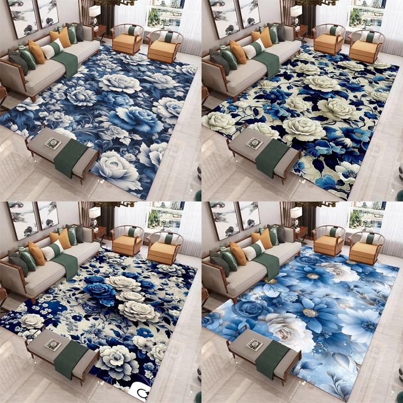 Blue White Peony Flower Pattern Living Room Rug Non Slip Large Carpet with Light Blue Background for Modern Home Decor Floor Mat
