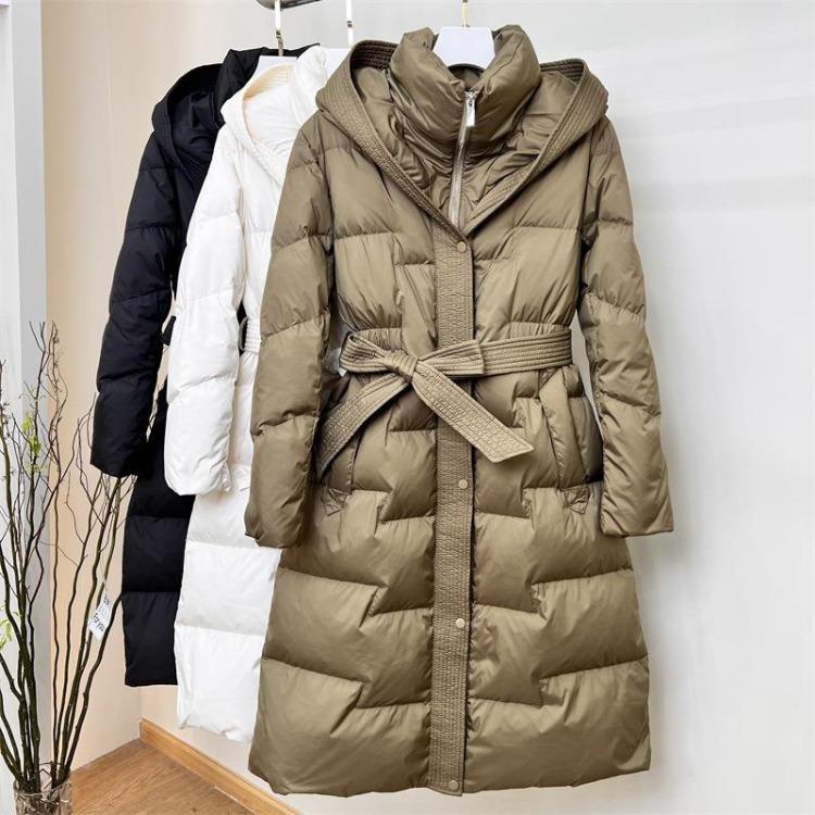 Warm Thickened Slim Fit Down Coat Long Hooded Knee Length Solid Color Casual Waist Slimming Winter Jacket