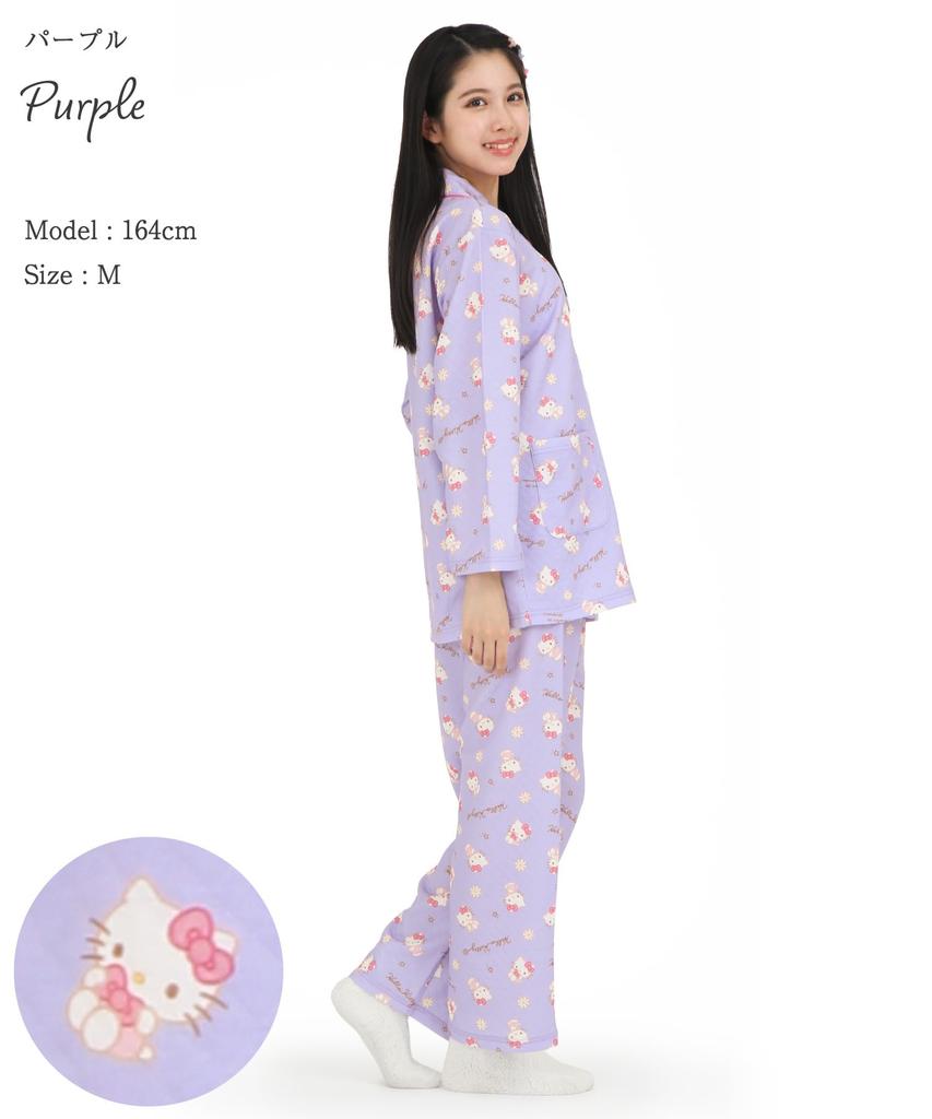SAZAC Hello Kitty Knitted Quilted Shirt Long Sleeve and Pants Loungewear Women's Pajamas, Set, (Purple/L/SAN1854)